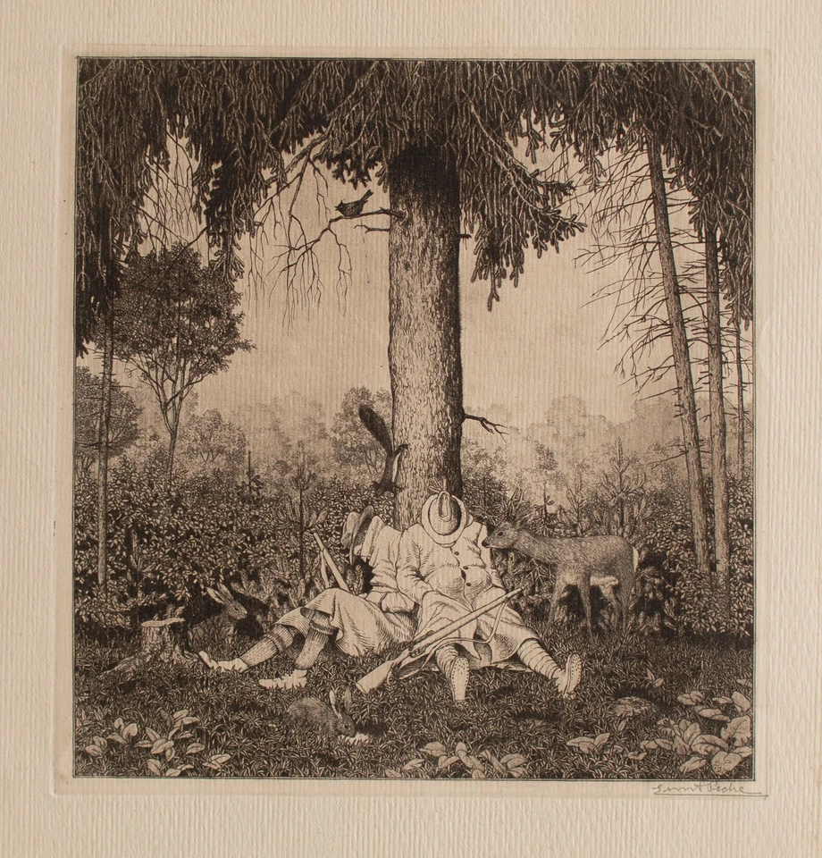 Ernst Peche Schlafende Jäger Jagd Humor Jugendstil Radierung signiert 1920 - Bild 3 von 4