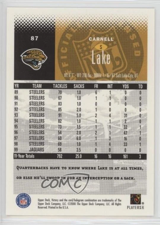 2000 Upper Deck Victory Carnell Lake #87 - Image 2 of 2