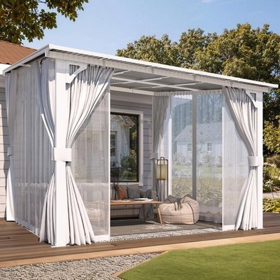 Wall Mounted Hardtop Gazebo Lean to Metal Pergola with Curtains Netting Patio