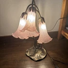 VTG Tiffany Style Lily Pad Table Lamp 3 Arm Pink Frosted Tulip Shades Works!
