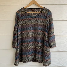 Multiples Lace Tunic Top Blouse M Artsy  3/4 Sleeve Lagenlook Beaded Semi-sheer