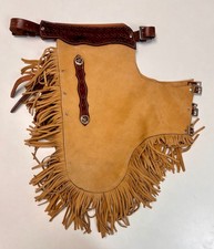 Vintage Western Cowboy Suede Leather Fringe Shotgun Chaps Texas Star Tan