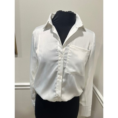 4th & Reckless - Anthropologie White Satin Button Down Bodysuit Blouse Medium