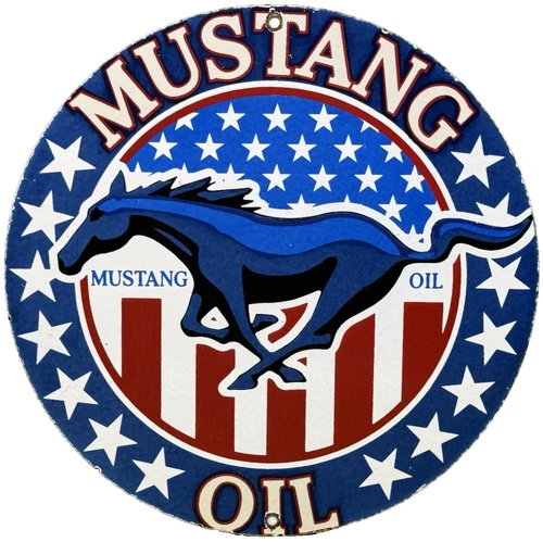 VINTAGE MUSTANG MOTOR OIL PORCELAIN SIGN GAS SERVICE STATION HORSE AMERICAN FLAG
