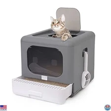 Stylish Grey Foldable Cat Litter Box with Front Door, Top Entry & Easy-Clean