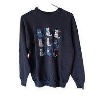 Cat Print Sweatshirt Vintage 90s Medium Navy Blue Crewneck Pullover Graphic Cats