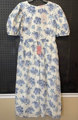 NWT Ivy City Co Odette Dress Blue White  Floral Size 12 Pockets Midi Puff Sleeve