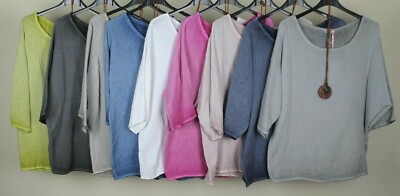 Neu Italienisches Oversize-Top & Halskette für Damen schlicht strukturiert Baumwolle U-Ausschnitt