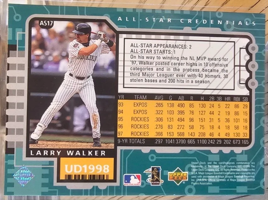 1998 Upper Deck All-Star Credentials Larry Walker #AS17 Colorado Rockies - Image 2 of 2