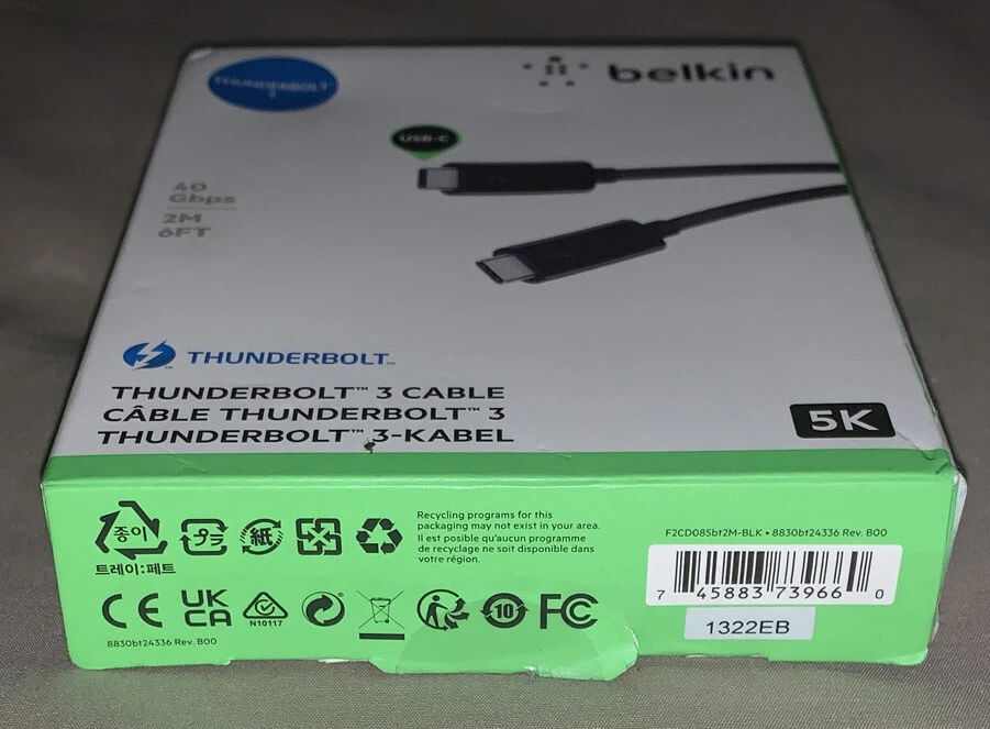 Belkin F2CD085BT2M-BLK Thunderbolt 3 Cable [usb-c To Usb-c] [100w] [6ft/2m]