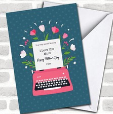 Pink Vintage Typewriter With Flowers Personalised Mother's Day Card