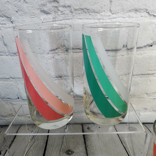 4 Libbey Wavy Banner Flag Tumblers Set Vintage Green Orange Pink Glasses - Picture 3 of 15