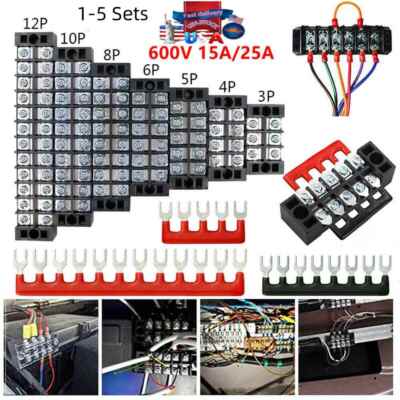 5 Pcs 600V 15A 3-12P Dual Row Barrier Terminal Block + 10 x Terminal Stripes