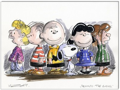 KLAUSEWITZ:ORIGINAL ZEICHNUNG FEDER UND AQUARELL :PEANUTS: THE GANG I / 30x40 cm