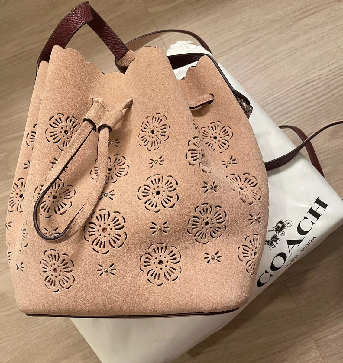 Coach 25193 Suede Mini Bucket Bag With cut out Tea Rose drawstring