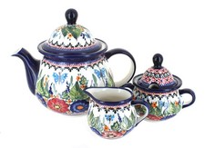 Blue Rose Polish Pottery Floral Butterfly Three Piece Tea Set