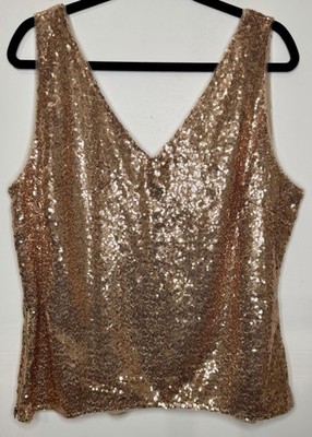 GRACE KARIN Rose Gold Sequin Tank Top Blouse 2XL Plus Size V-Neck Side Zip Shiny