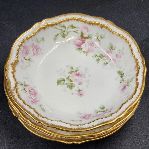 4 Limoges Obst Dessert Schalen 5,5" Die Ardennen Rosa Rosen Gold Haviland Frankreich - Bild 5 von 11