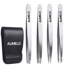 Tweezers Set 4-Piece Professional Stainless Steel Tweezers Gift with Travel Case