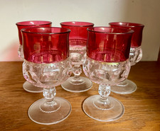 Vintage Kings Crown Ruby Stain Glass Goblets Set of 5 Thumbprint Red Clear 5.5"