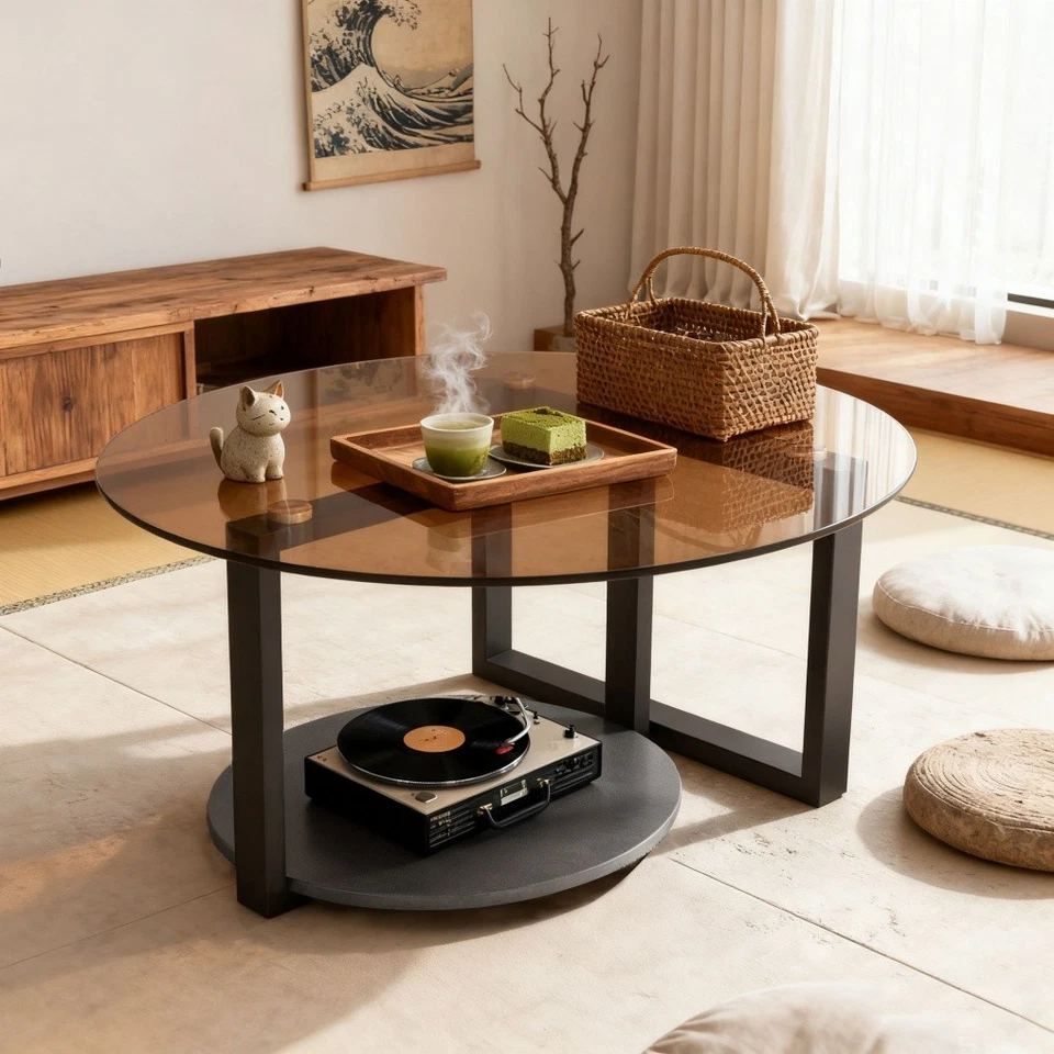 Mesa de centro redonda Mid Century mesa de centro con acento de vidrio tintado ámbar con almacenamiento Foto 4 de 4