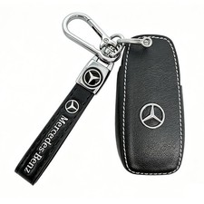 Leather Key Fob Cover - Full Protective Case With Metal Keychain Fits Mercedes