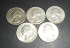 Five 1964 Washington Quarters. 90% Silver.