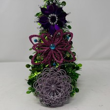 Fancy Purple Glittery Christmas Tree Flower Ornaments Hanging Lot of 3