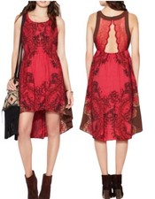 Free People Russian Red Hi-Lo Sleeveless Printed Lace Open Back Boho Dress Sz XS
