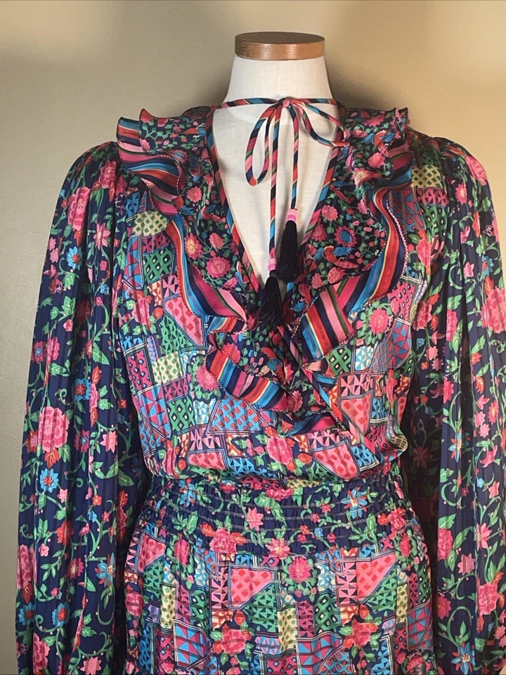 Vestido midi colorido vintage años 80 Diane Freis acanalado plisado Georgette grande Foto 3 de 4