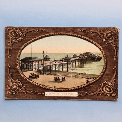 Brighton Postkarte 1910 West Pier Neuheit gerahmt Glasette Effekt Sussex