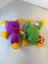 Lot of 2 Vintage 1990s Ty Beanies Smoochy Frog Patti Duck