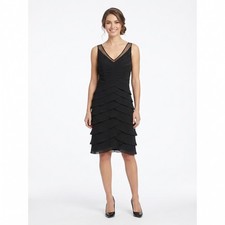 Adrianna Papell Black Tiered Ruffle Mesh V-Neck Cocktail Dress Size 10