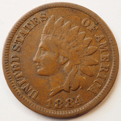 1884 Indian Head Cent Good - Very Good Average Circulated Condition Copper Penny