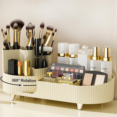360° Rotating Makeup Organizer Vanity Cosmetic Storage Box with Brush Holder