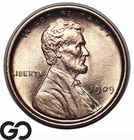 1909 VDB Lincoln Cent Wheat Penny, Lustrous Gem BU++ Rd, Full Red