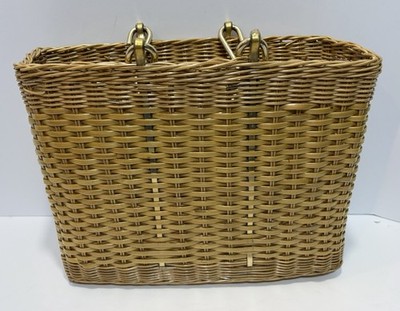 Vintage MCM Wicker Rattan Magazine Basket Caddy Slim Record Tote Brass Handles