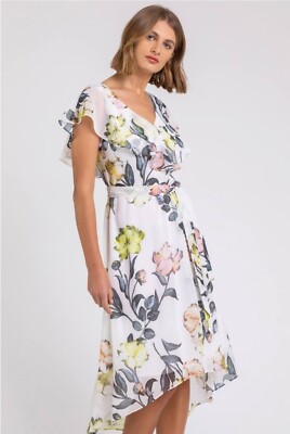 melonie t floral midi dress Melonie T Dress Womens 12 Cream Yellow Floral High Low Midi Faux Wrap  Ruffle