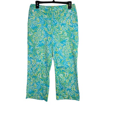 Madison Womens Aqua Blue Floral Flat Front Slash Pockets Cropped Pant Size 6