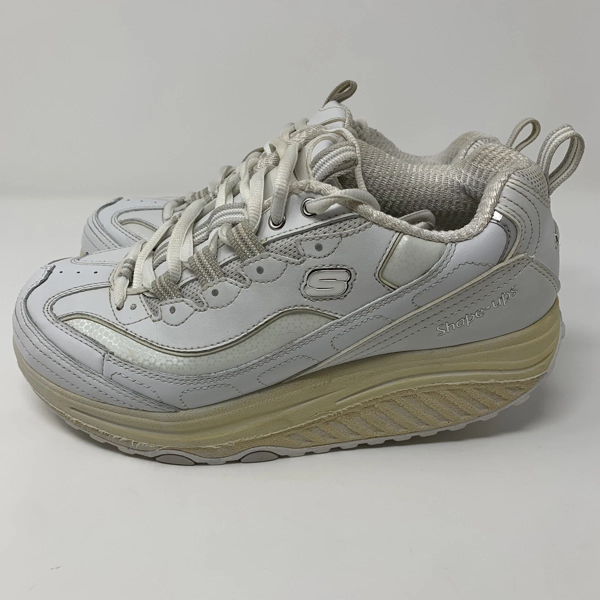 Skechers Shape Ups Size 7.5 White Leather Walking Fitness Shoes SN