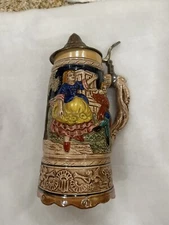 Vtg German Lidded Beer Stein w/ Thorens Swiss Music Box Base Pewter Lid