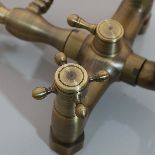 Antique Brass Telephone Bathtub Faucet Set Handheld Shower Mixer Wall Mount Tap - Picture 6 of 14