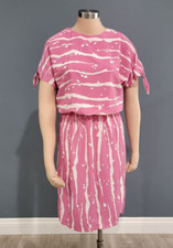 Vintage 70s O'Neil Pink Abstract Blouson Dress Tie Short Sleeves S