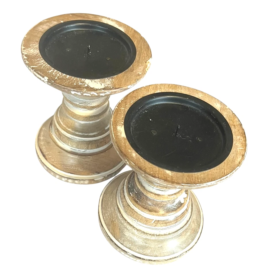 2 Distressed Wood Candle Holders Whitewashed Rustic-Vtg Cottagecore Farmhouse - Image 4 of 4