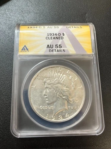 1934 D PEACE DOLLAR ANACS AU-55 DETAILS - BETTER DATE - SILVER - CERTIFIED - $1