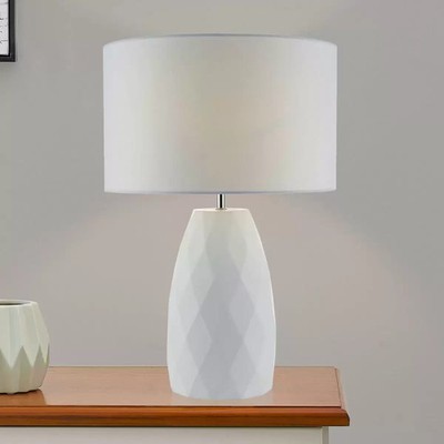 Tischlampe weiß geometrischer Gipsfuß mit Leinenschirm - Ciara 49 cm