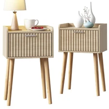 Nightstand Set of 2, Small Bed Side Table with Fluted Door, End Table with So...