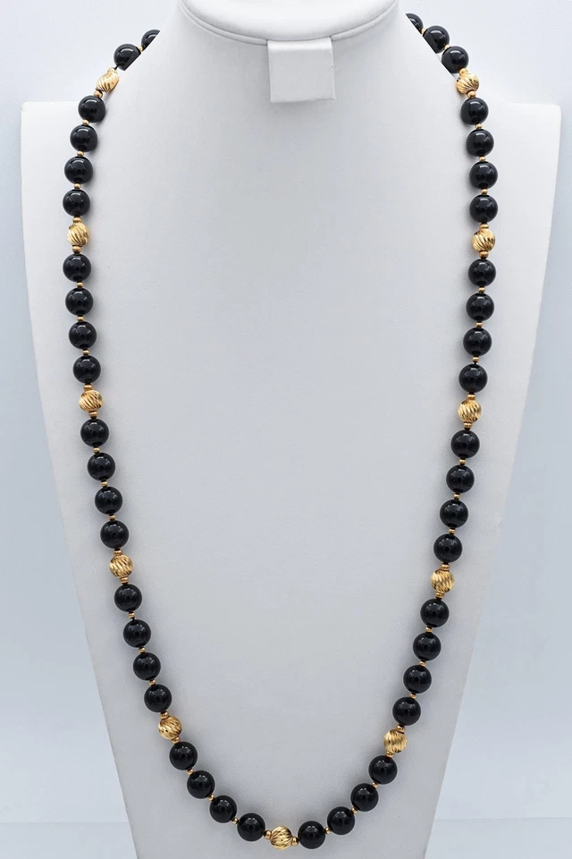Винтажное ожерелье из желтого золота 14 карат с черным ониксом и бисером 35 дюймов - Изображение 3 из 4