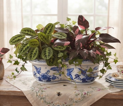 Blue & White Chinoiserie Porcelain Floral Butterfly Double Planter 9.5'' long