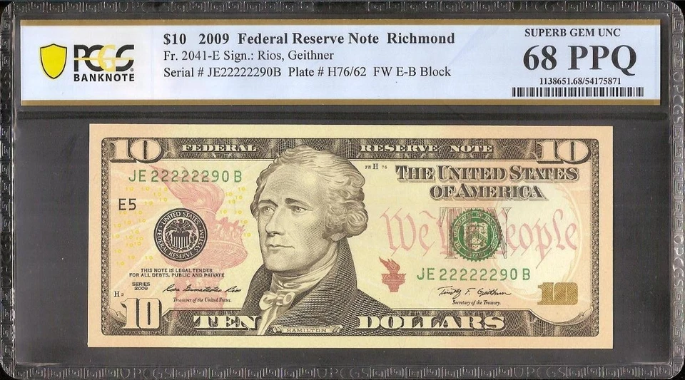 2009 $10 NEAR SOLID SERIAL NUMBER 222222 SUPERB GEM NOTE UNC MONEY PCGS 68 PPQ - Image 2 of 3